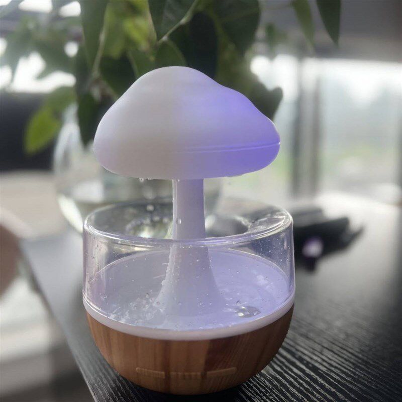 白噪音下雨加湿器加湿器七彩蘑菇云朵雨滴睡觉夜灯香薰机跨境