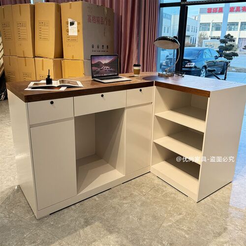 奶白色烤漆前台接待台服装店转角吧台收银台店铺小型蛋糕店柜台