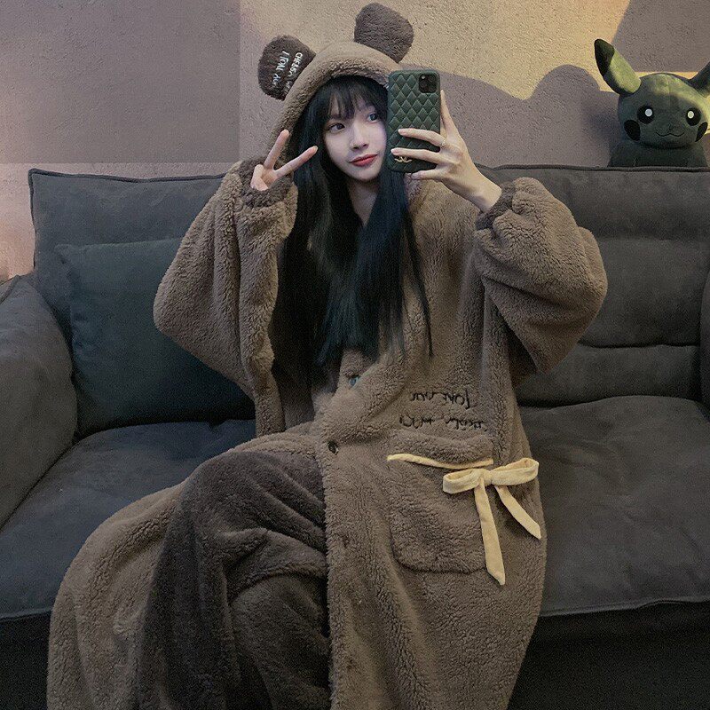 ins睡衣女秋冬季珊瑚绒加厚冬天加绒睡袍学院风学生2021新款套装