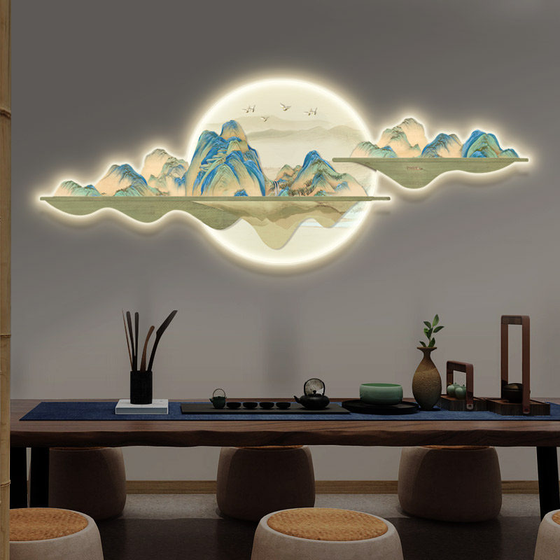 千里江山图客厅墙面装饰画沙发背景墙壁画带灯新中式山水茶室挂画