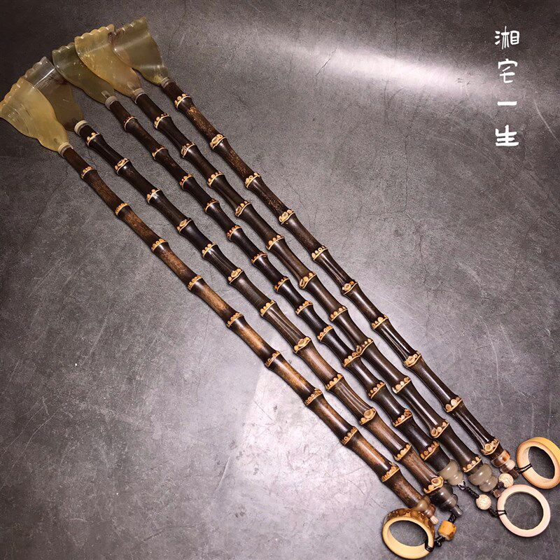 紫竹鞭牛角痒痒挠 紫竹不求人白牛角老头乐后背抓痒工具手把件