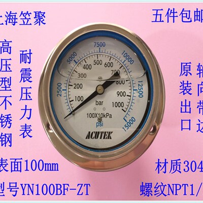 ACUTEK 原装出口 不锈钢耐震压力表 YN100BF-ZT 1000BAR NPT1/2