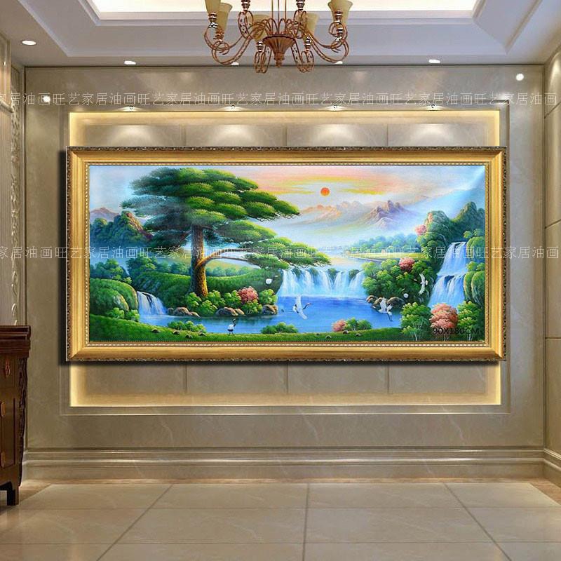 手绘仙鹤迎客松风景客厅酒店别墅办公室餐厅沙发背景书房家居挂画