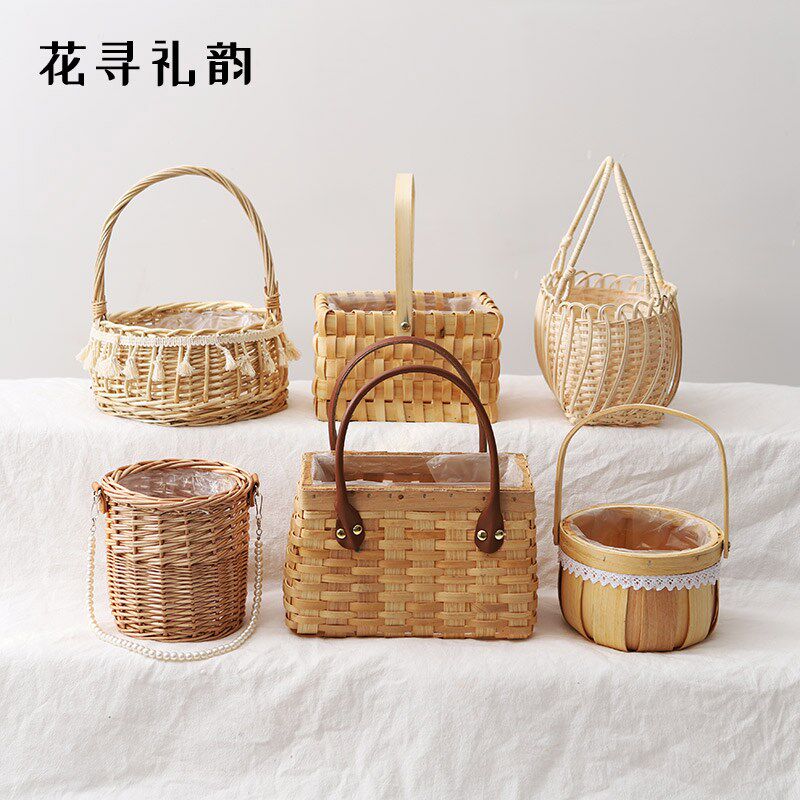 手提花篮清新花束装饰手工藤编竹编花篮插花花童婚礼手提篮花艺用图片