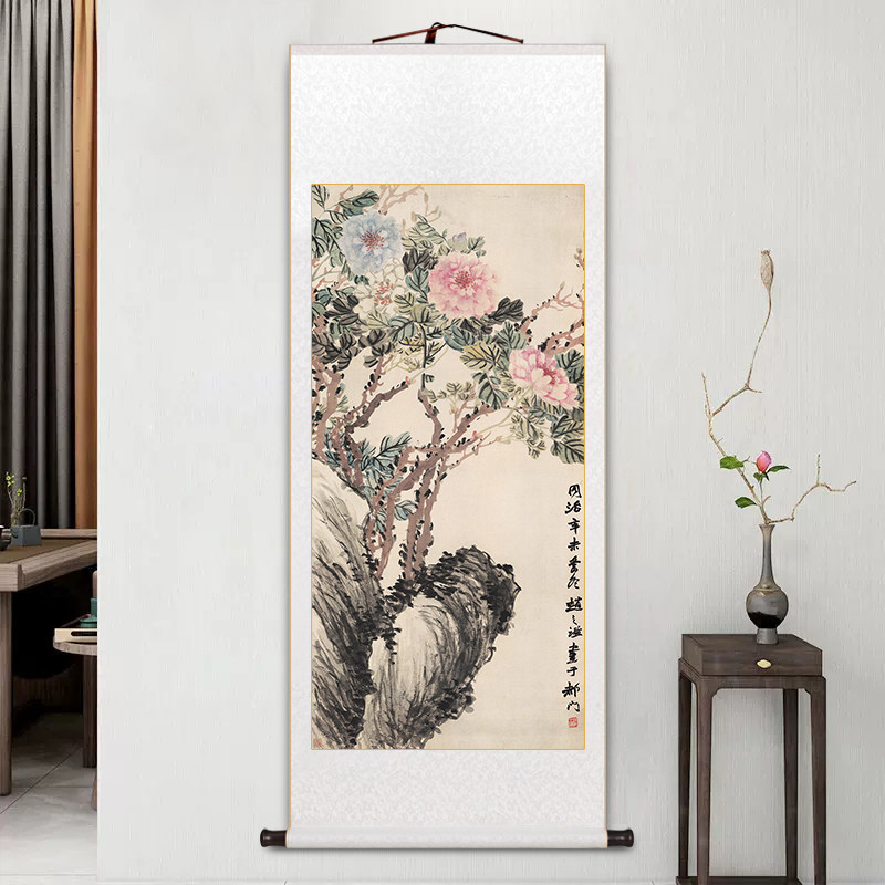 居廉富贵白头图名家牡丹卷轴挂画中式客厅装饰画书房茶室玄关壁画