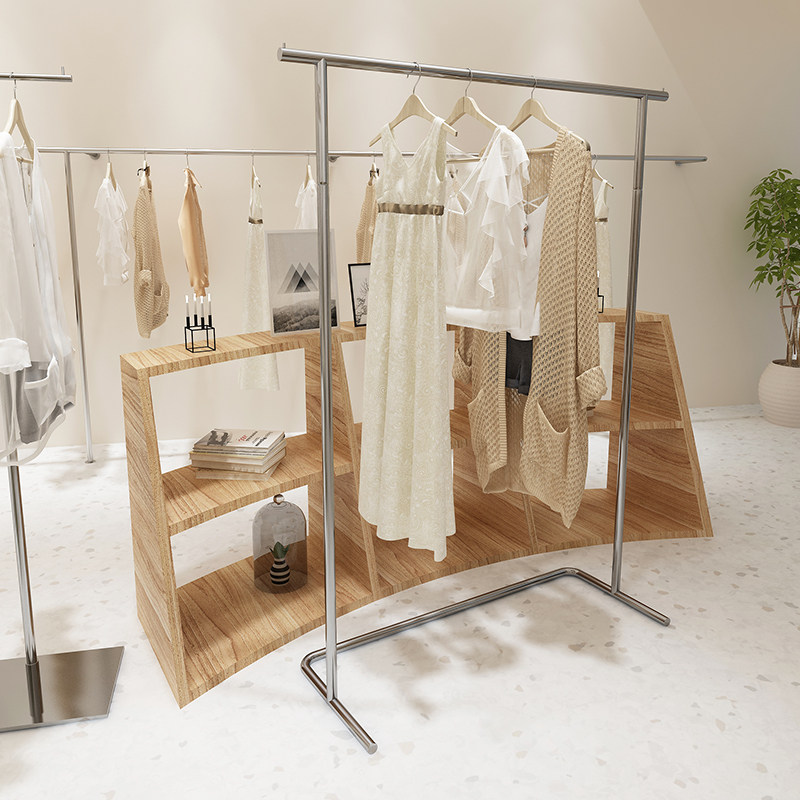 服装店展示架落地式不锈钢陈列架女装店银色中岛架衣服装饰挂衣架