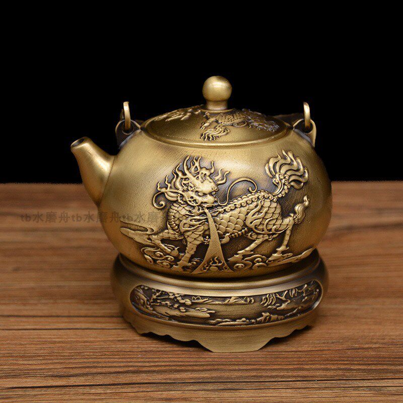 纯铜茶壶摆件古风茶具茶室装饰品铜工艺品复古做旧中国风黄铜酒壶