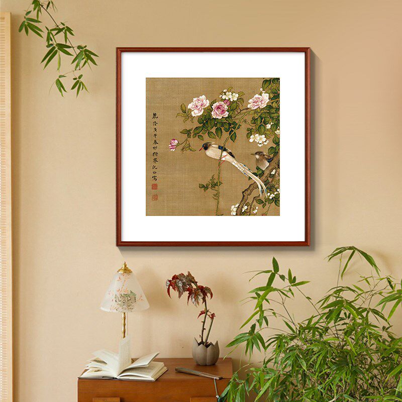 玄关装饰画荷塘鸳鸯方画花鸟荷花挂画新中式国画客厅书房茶室壁画