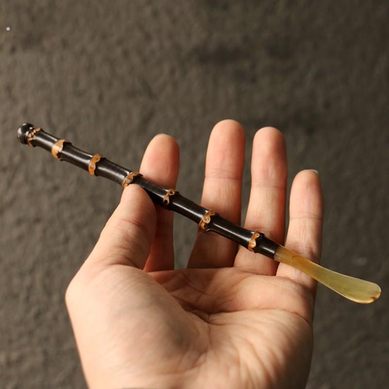 精品纯手工制作天然满钉老紫竹鞭牛角头茶拨竹茶具茶扒高档竹茶匙