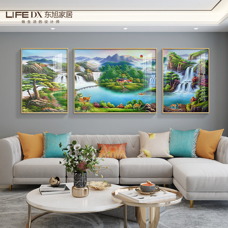 聚宝盆山水画客厅装饰画沙发背景墙三联挂画风景壁画大气2025新款