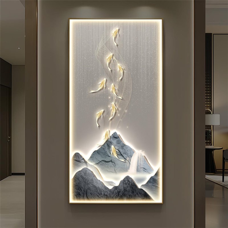 九鱼聚财玄关装饰画高档发光镶钻走廊过道挂画金山招财大气壁画