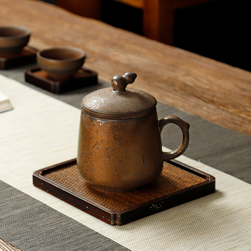 粗陶泡茶杯复古陶瓷水杯 葫芦带盖喝茶杯子 过滤马克杯办公会议杯