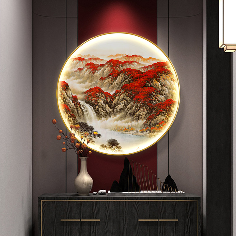 新中式玄关装饰画走廊过道墙面鸿运当头发光挂画圆形LED氛围灯画