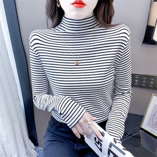 纯棉半高领黑白条纹打底衫女长袖T恤秋冬新款套头修身内搭上衣潮