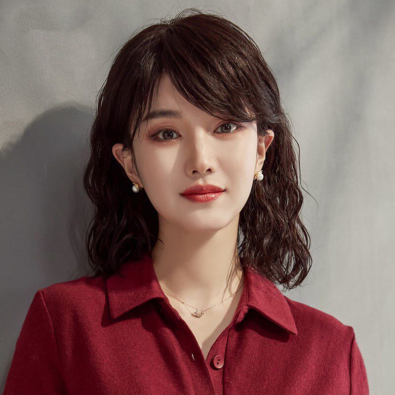 假发女中长发齐肩锁骨发真发自然斜刘海中年短卷发真人发全头套式
