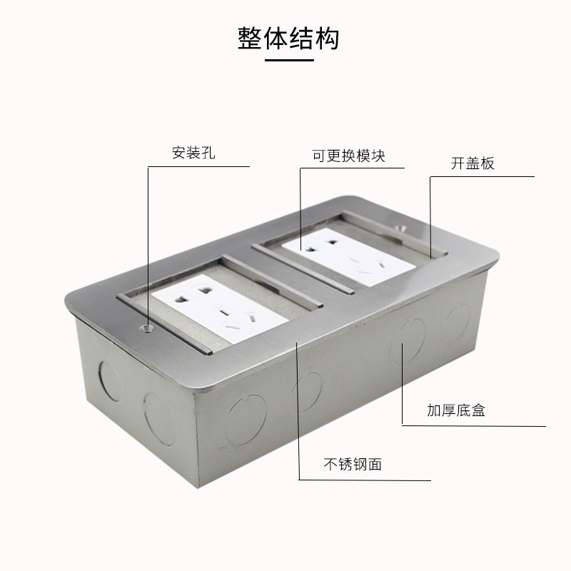 瑞博不锈双门滑盖隐藏地插翻盖式网路电脑电话平推五孔音频地插座