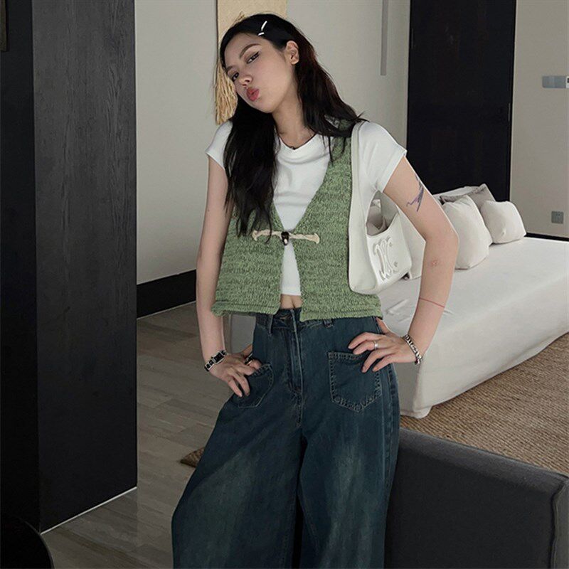 复古宽松v领针织小开衫马甲女夏薄款牛角扣无袖叠穿上衣背心外搭