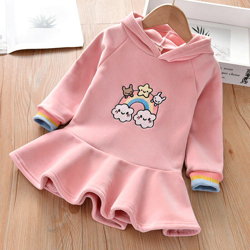 女童加绒裙子冬款小女孩长袖连帽洋气卫衣裙一体绒宝宝红色连衣裙