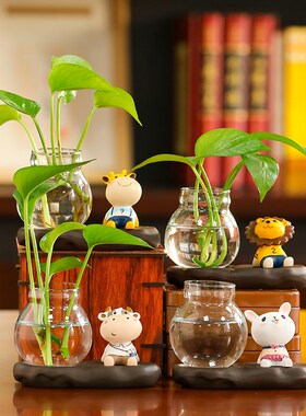 工位办公室桌面花瓶摆件创意插花空盆玻璃透明容器摆件家居装饰品