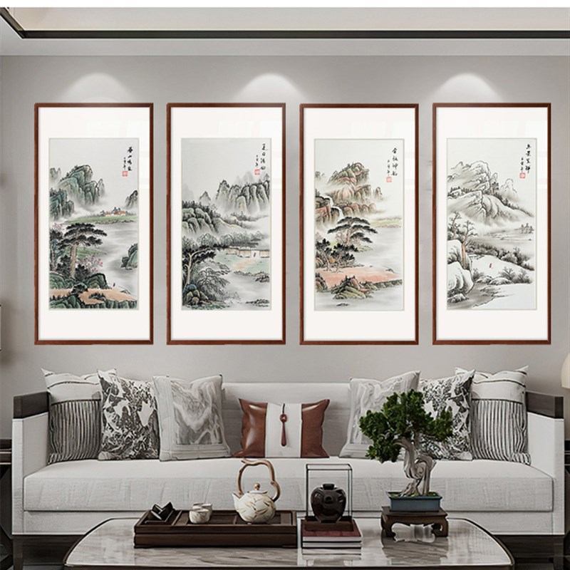 四联山水装饰画春夏秋冬手绘国画四条屏花鸟梅兰菊竹客厅沙发背景