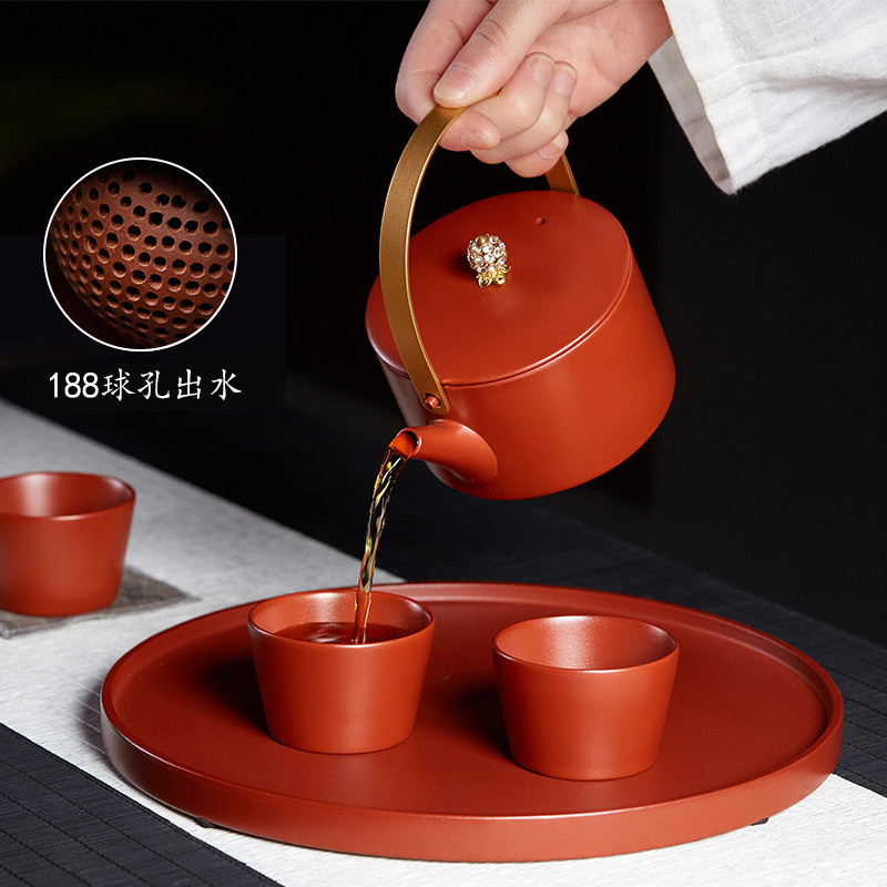 宜兴紫砂壶一壶二杯四杯家用红色泡茶壶结婚陪嫁陶瓷功夫茶具套装