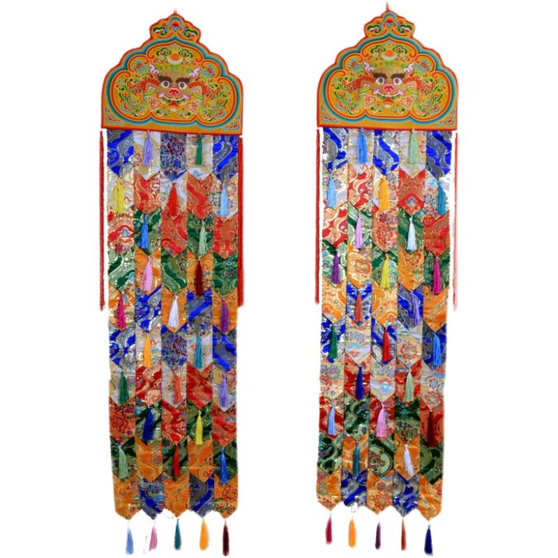 藏式佛幡藏族风格居家装饰绣麒麟头挂幡对联竖幡吉祥幡高150cm
