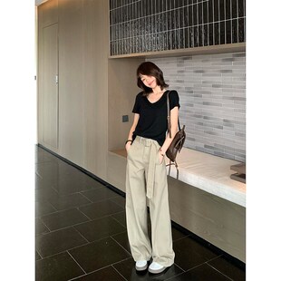王家有鱼小个子卡其色阔腿裤女2025夏季新款宽松阔腿牛仔裤百搭女