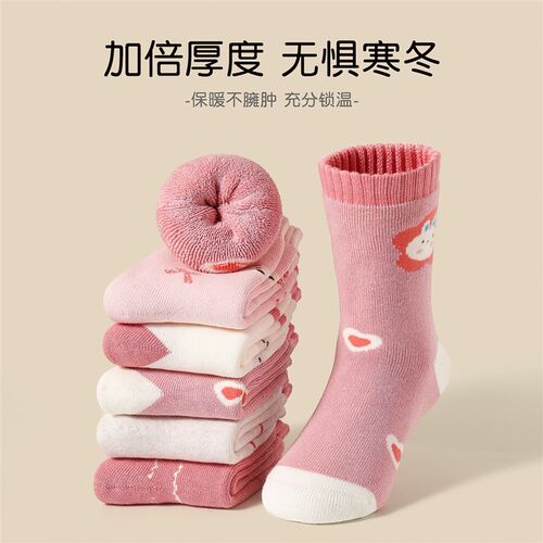 斑比女童袜子秋冬季加厚保暖棉袜大童女孩宝宝冬款无骨儿童毛圈袜