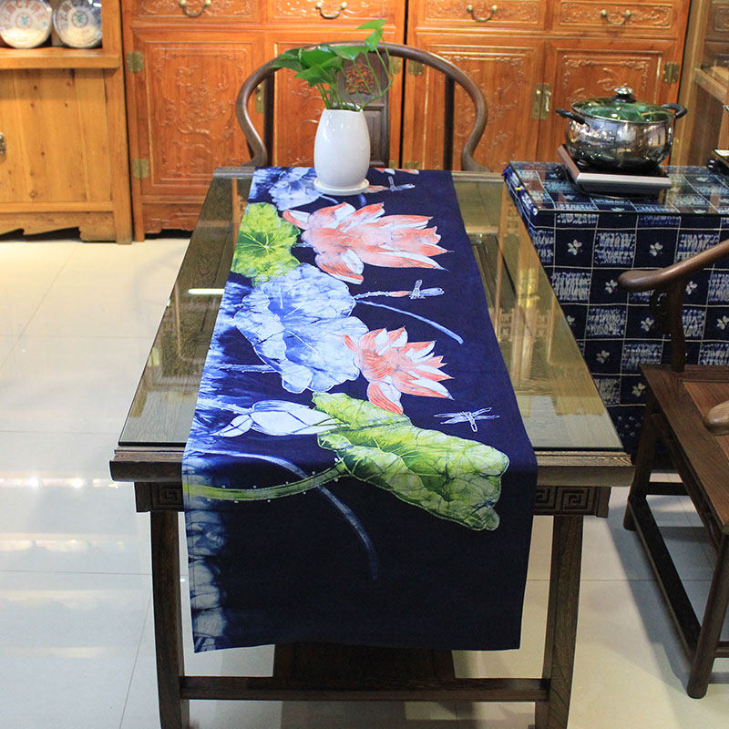 荷花桌旗长条蜡染画茶艺席中式禅意桌面装饰桌巾斗柜餐桌防尘盖布