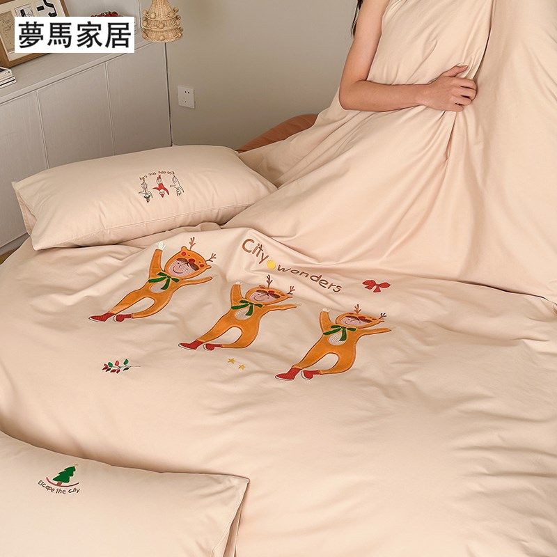 秋冬磨毛100s双股贡缎长绒棉卡通毛巾绣四件套婴儿棉保暖双人床品