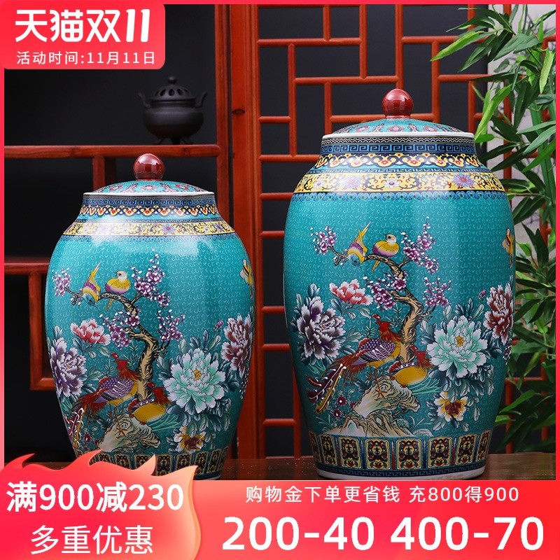 景德镇陶瓷米缸30斤家用20斤带盖密封防虫防潮水缸家居装饰品摆件