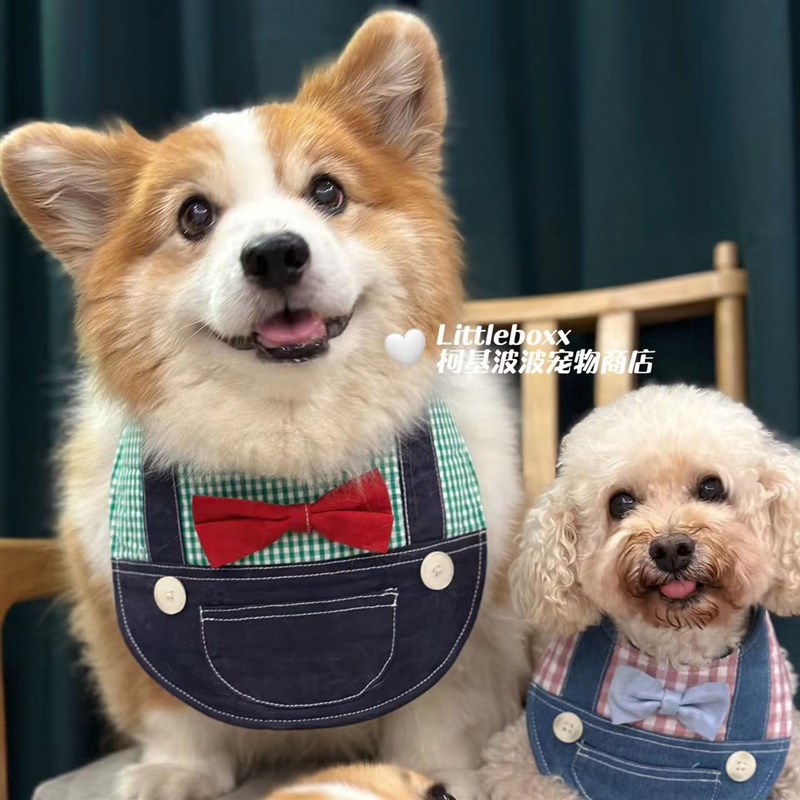Littlboxx柯基波波格子领结背带裤口水巾围嘴猫小中大型犬装饰