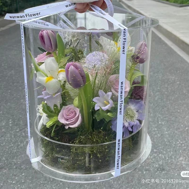 亚克力花盒圆筒情人节春节插花鲜花盒插鲜花盒抱抱筒花艺礼品盒
