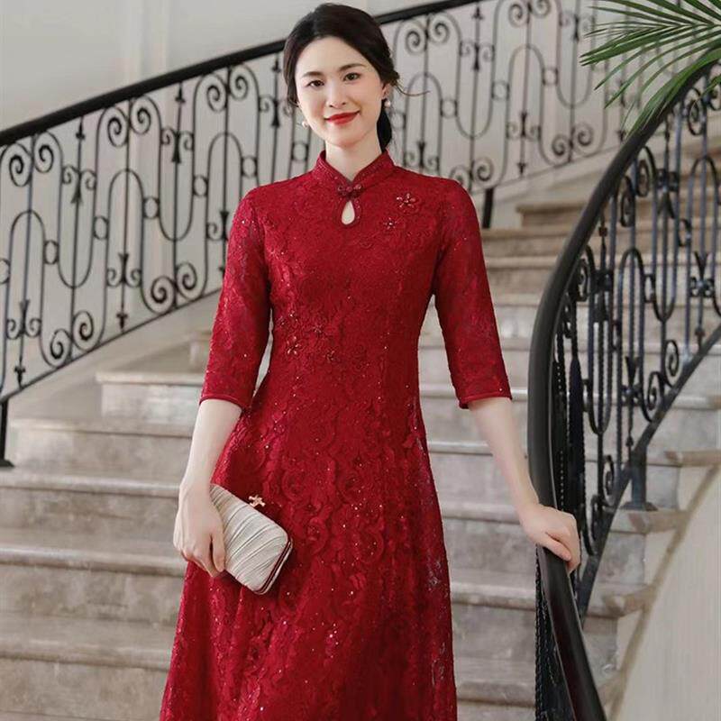 秋季红色中年喜妈妈婚宴改良A字旗袍连衣裙中长大码蕾丝亮片礼服