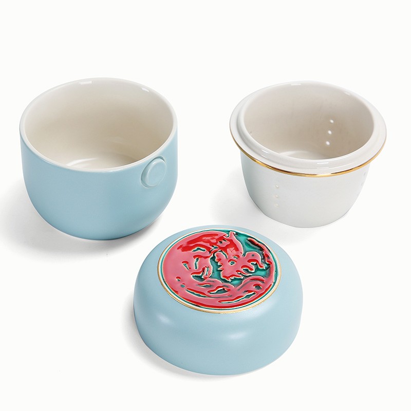 春轩堂 陶瓷快客杯一壶一杯旅行便携茶具套装办公同心快乐茶杯