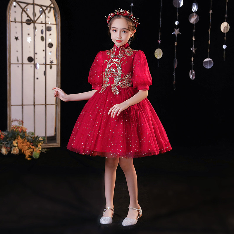 儿童晚礼服公主裙女童蓬蓬红色生日花童婚纱国风主持人钢琴演出服