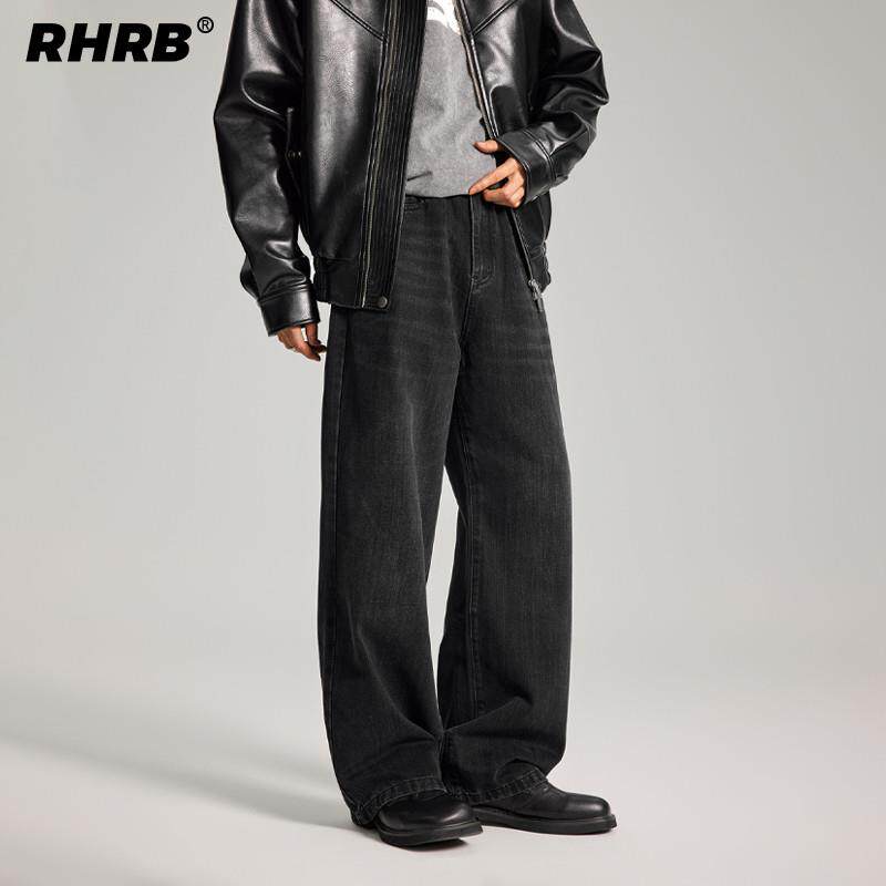 RHRB男士直筒阔腿黑色牛仔裤男款夏季薄款美式高街黑牛宽松长裤子
