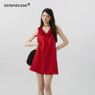 新款 连衣裙夏季 气质显瘦背心裙短裙 纽结玫瑰花无袖 SereneEase法式