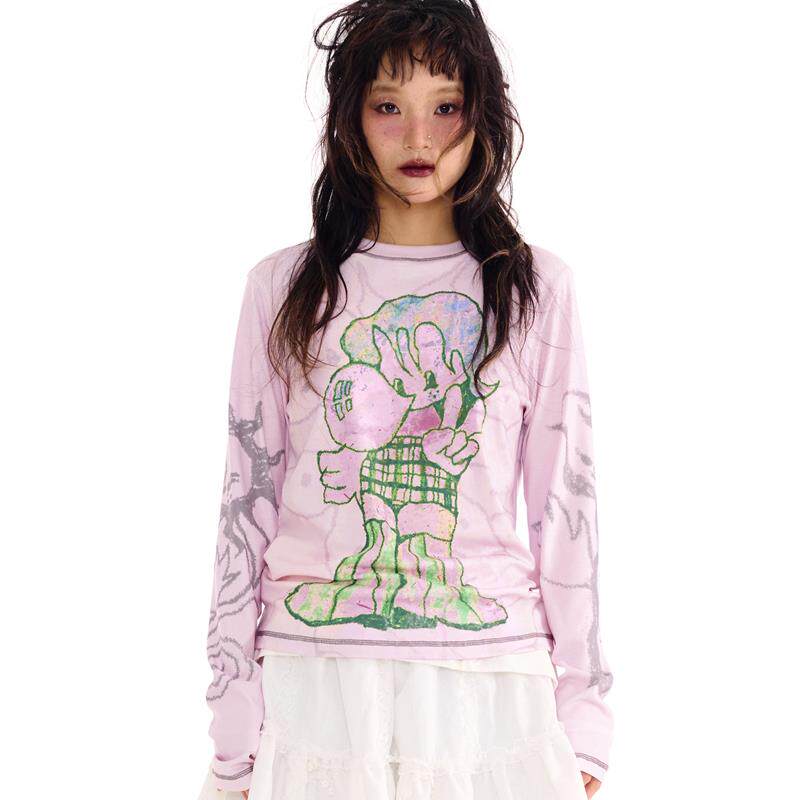 sillysis粉色女孩印花宽松弹力针织长袖打底衫薄款T恤