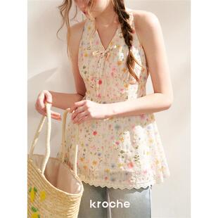 Kroche 25ss 梦境花园 重工花卉刺绣印花 花边拼接绑带挂脖上衣