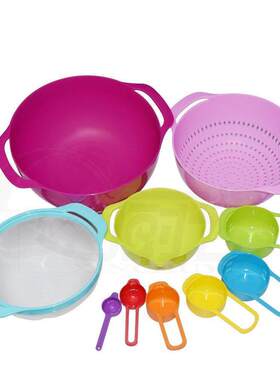 直销彩虹量碗10件套 粉筛洗菜沥水篮沙拉搅拌盘 刻度量勺塑料量