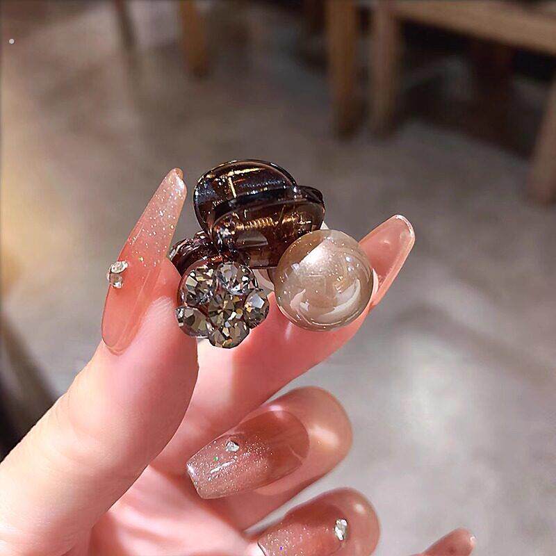 精致珍珠咖色满钻韩版轻奢气质简约百搭发夹发夹爪子扎头发小头夹