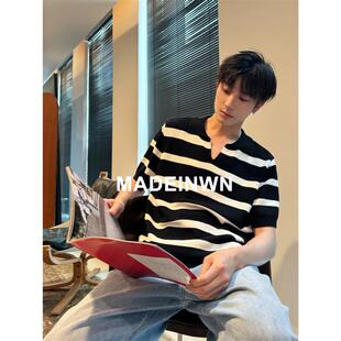 MADEINWN松弛B备ROW风针织撞色条纹廓形V领短袖 T恤休闲宽松上衣