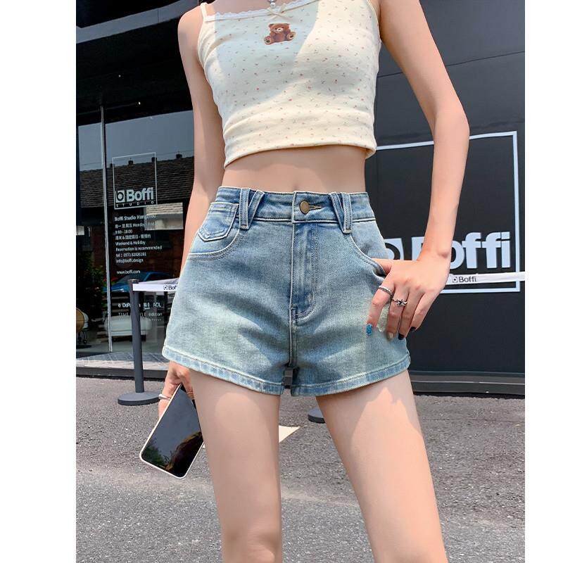 超短美式浅蓝色显瘦小众弹力高腰辣妹牛仔短裤女夏季薄款a字热裤