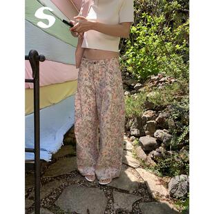 慵懒显瘦宽松高腰阔腿直筒休闲牛仔裤 Sleep 水洗复古花花裤