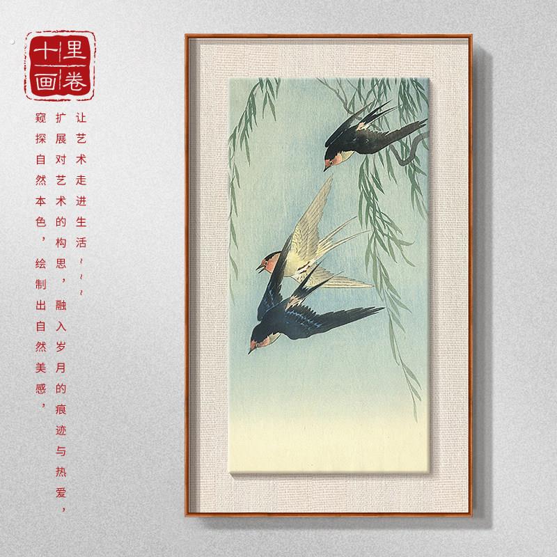 新中式燕子归巢纯手绘油画客厅装饰画春意柳树书房办公室玄关挂画