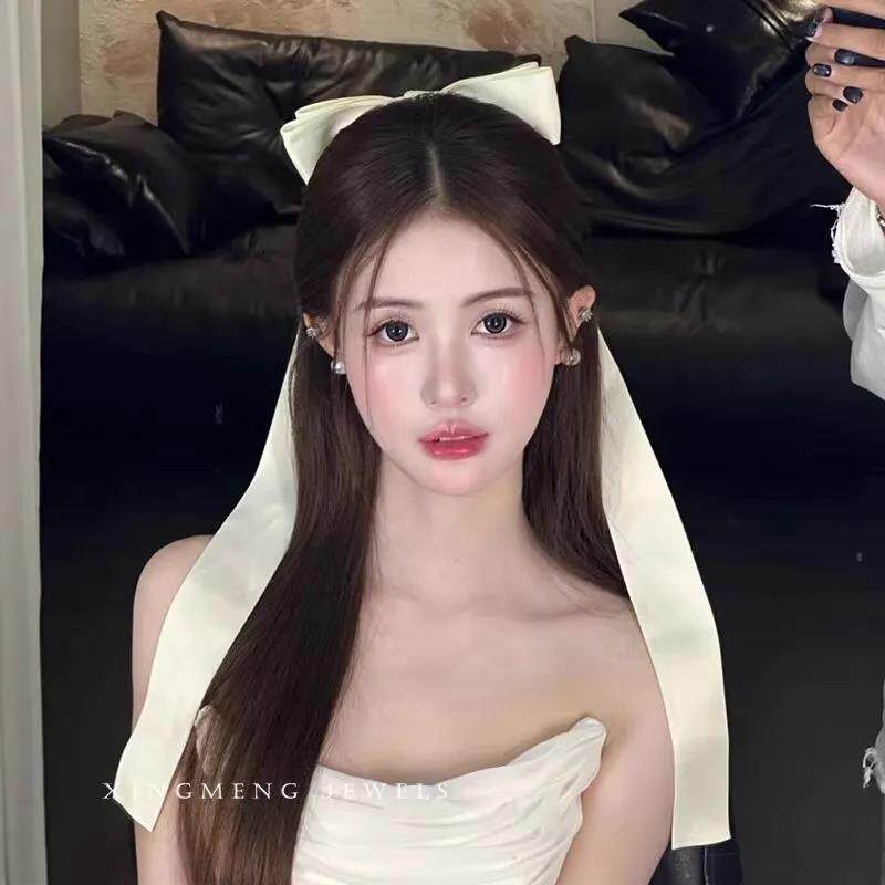 白色多层大蝴蝶结飘带发夹女结婚领证发顶夹子丸子头可爱头纱发卡