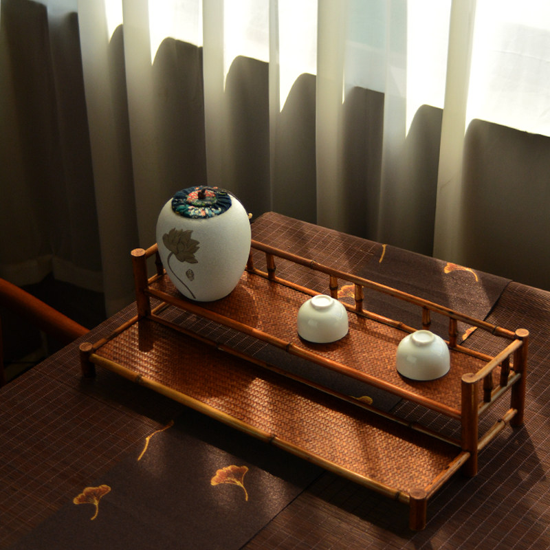 紫竹双层茶杯架席面带围茶杯架子茶具收纳架配件沥水架茶壶收纳架