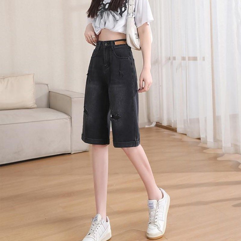 破洞牛仔短裤女2024新款夏显瘦高腰直筒裤遮胯梨形身材女裤六分裤