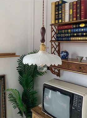vintage中古黑胡桃吊灯 莲花玻璃灯罩 北欧餐厅客厅卧室花店吊灯